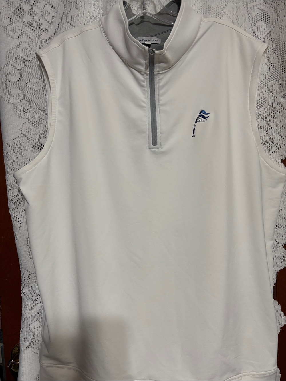 Peter Millar White Sleeveless Quarter-Zip Polo with Blue Flag Logo